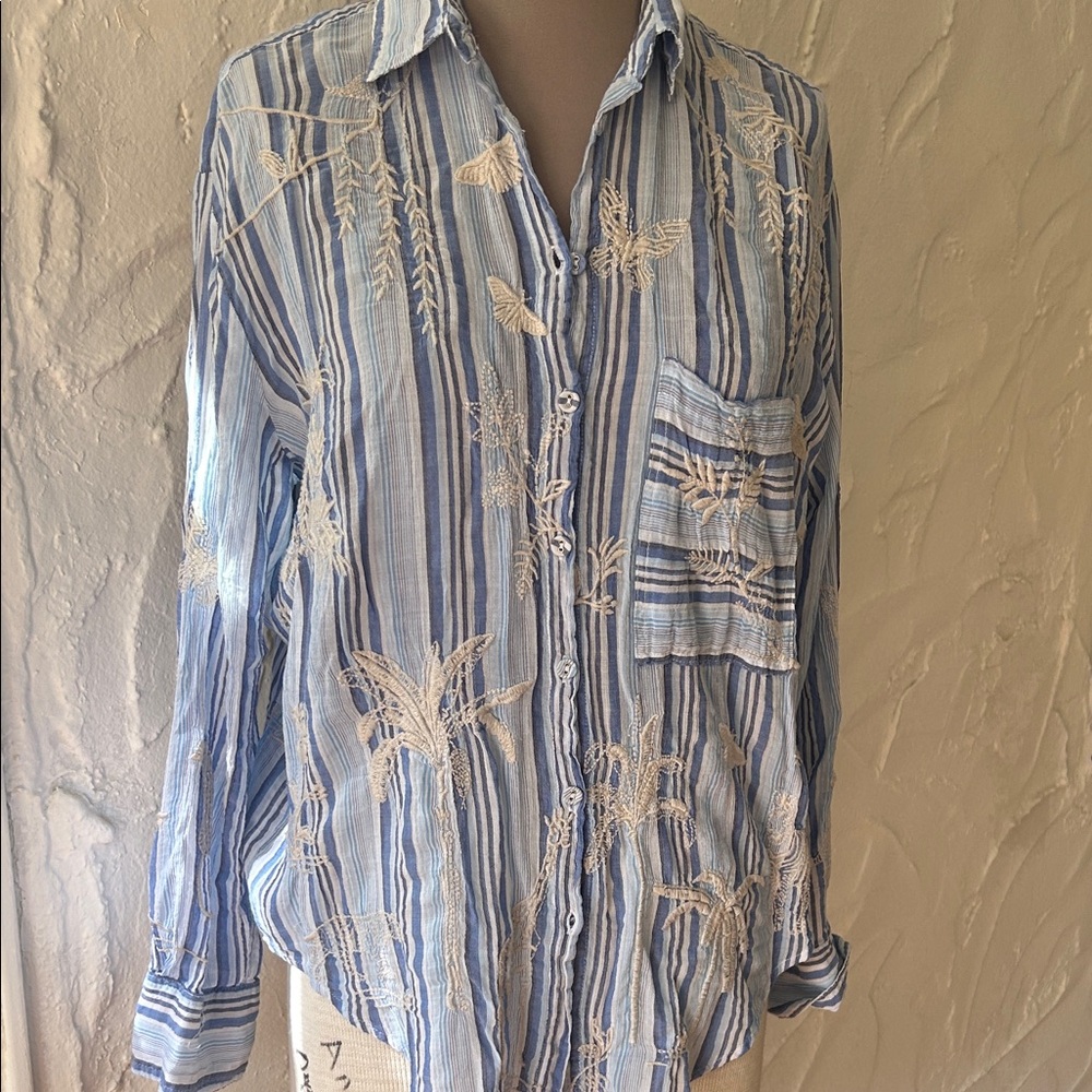 Johnny Was Blue and White Striped Embroidered Button-Up Shirt